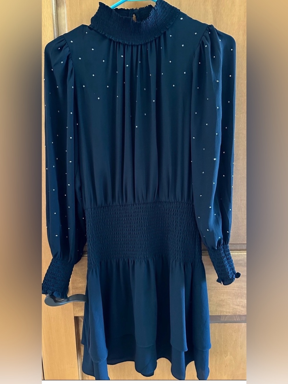 White House Black Market Rhinestone Mock Neck Smocked Dress Black Size XXS 💎